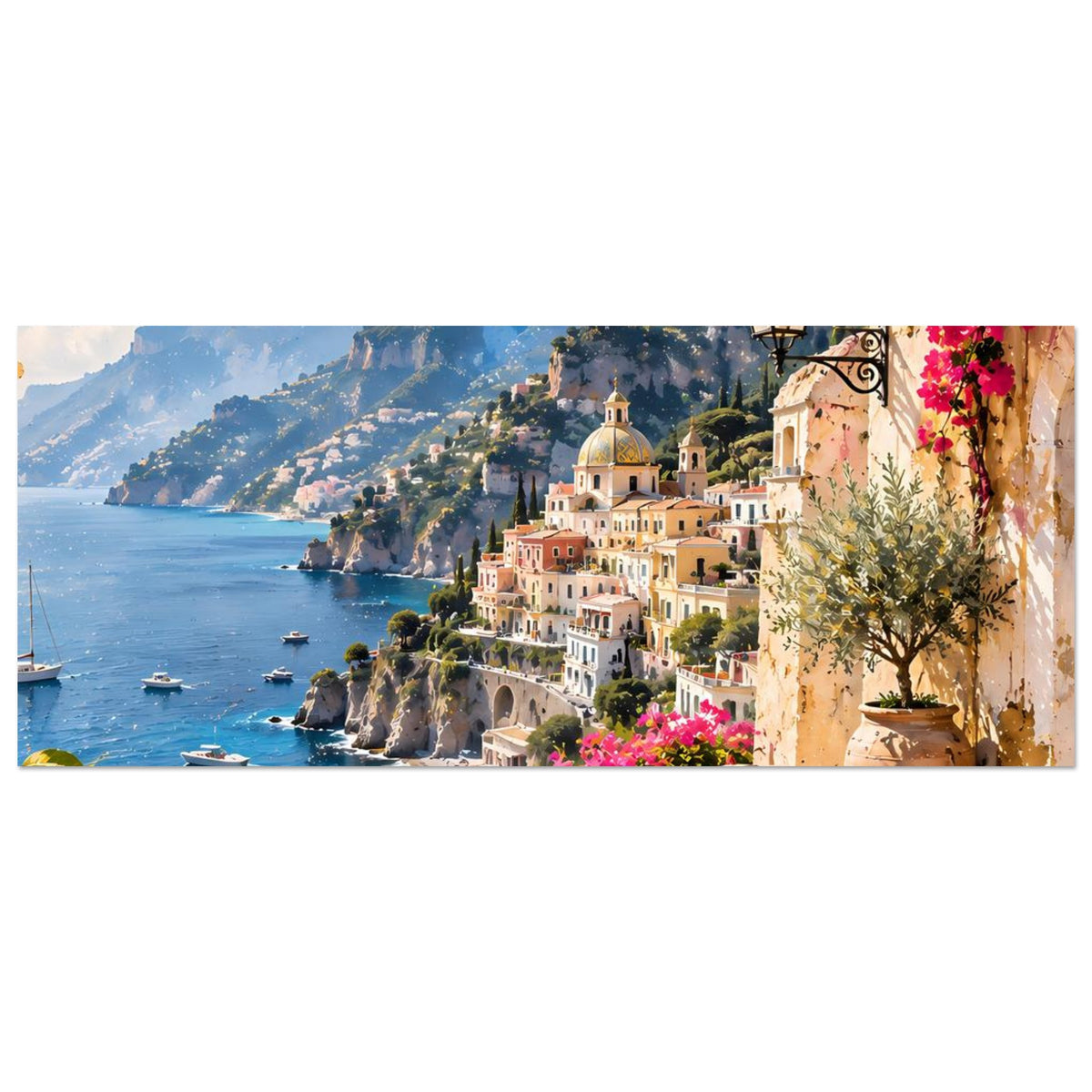 Horizontales Poster mit Zitronen, Meer und Küstenhäusern, umrahmt von Bougainvillea