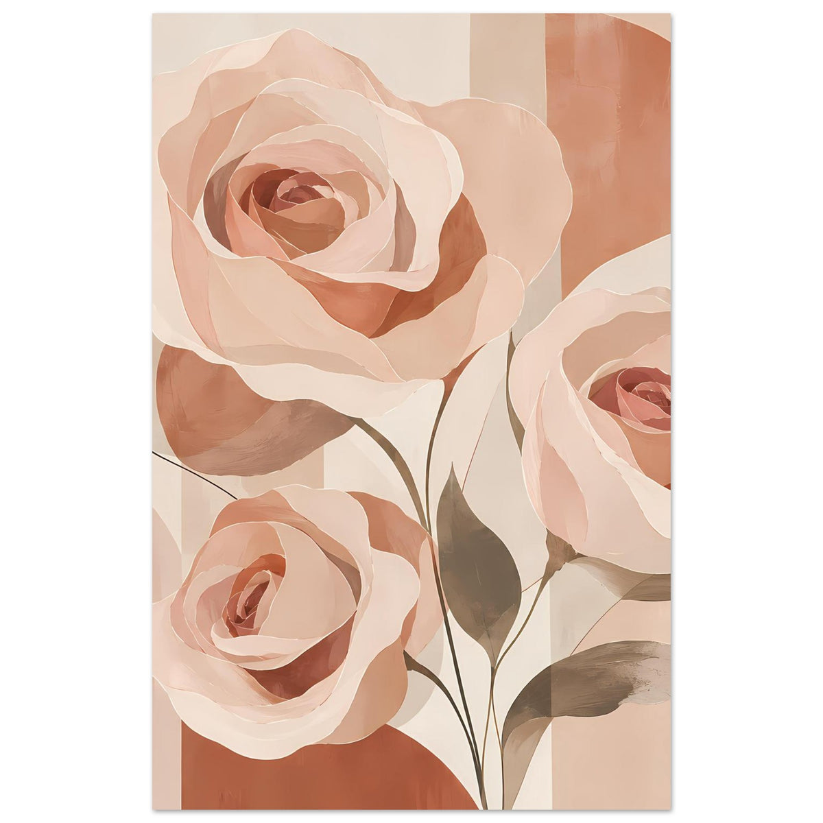 Blumenposter mit drei Rosenblüten in Rosa- und Pfirsichtönen, feine Blattranken