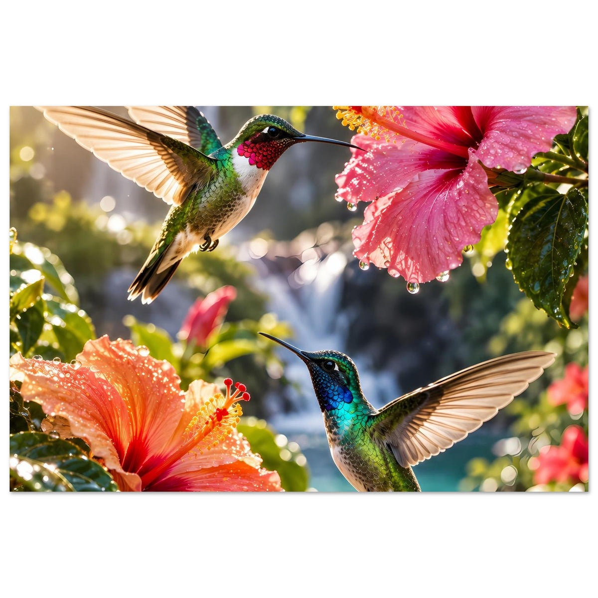 Poster mit Kolibris an orangefarbener und pinker Hibiskusblüte, horizontal