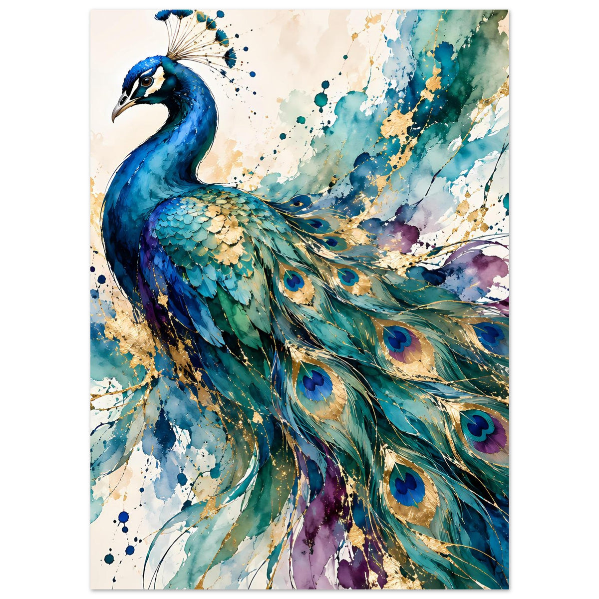 Aquarell-Poster mit blauem Pfau und weit ausgebreiteten, mehrfarbigen Federn