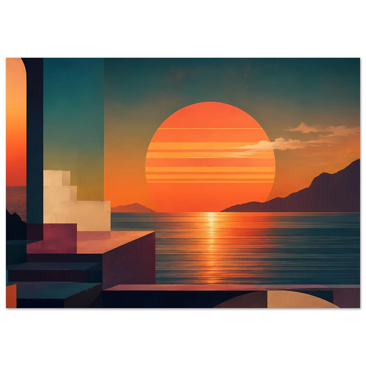 Querformat-Küstenkunstprint mit orangefarbener Kreissonne, Bergen und Wasserstreifen
