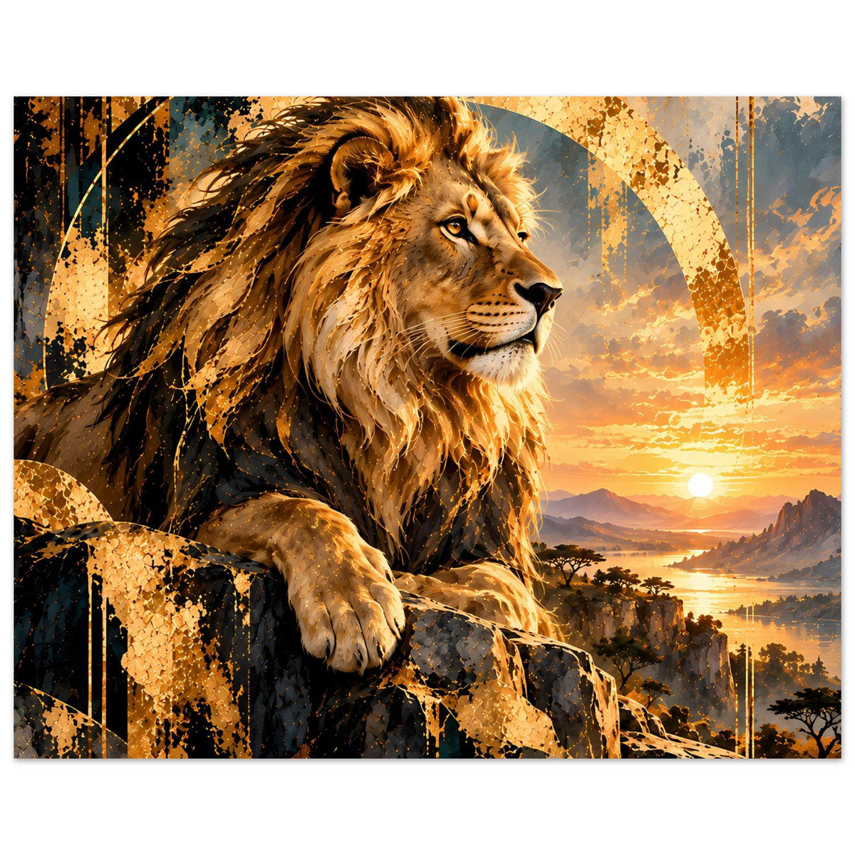 Poster (Querformat) zeigt goldenen Löwenkopf auf Felsen vor Sonnenuntergang.