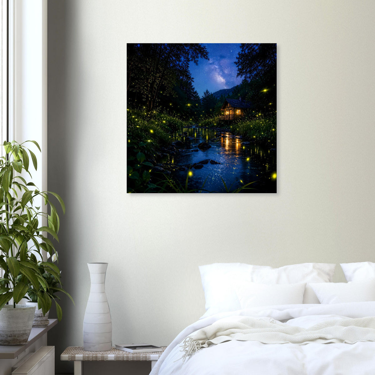Quadratisches Poster: nächtlicher Wald mit Bachlauf und warmen Lichtfenstern