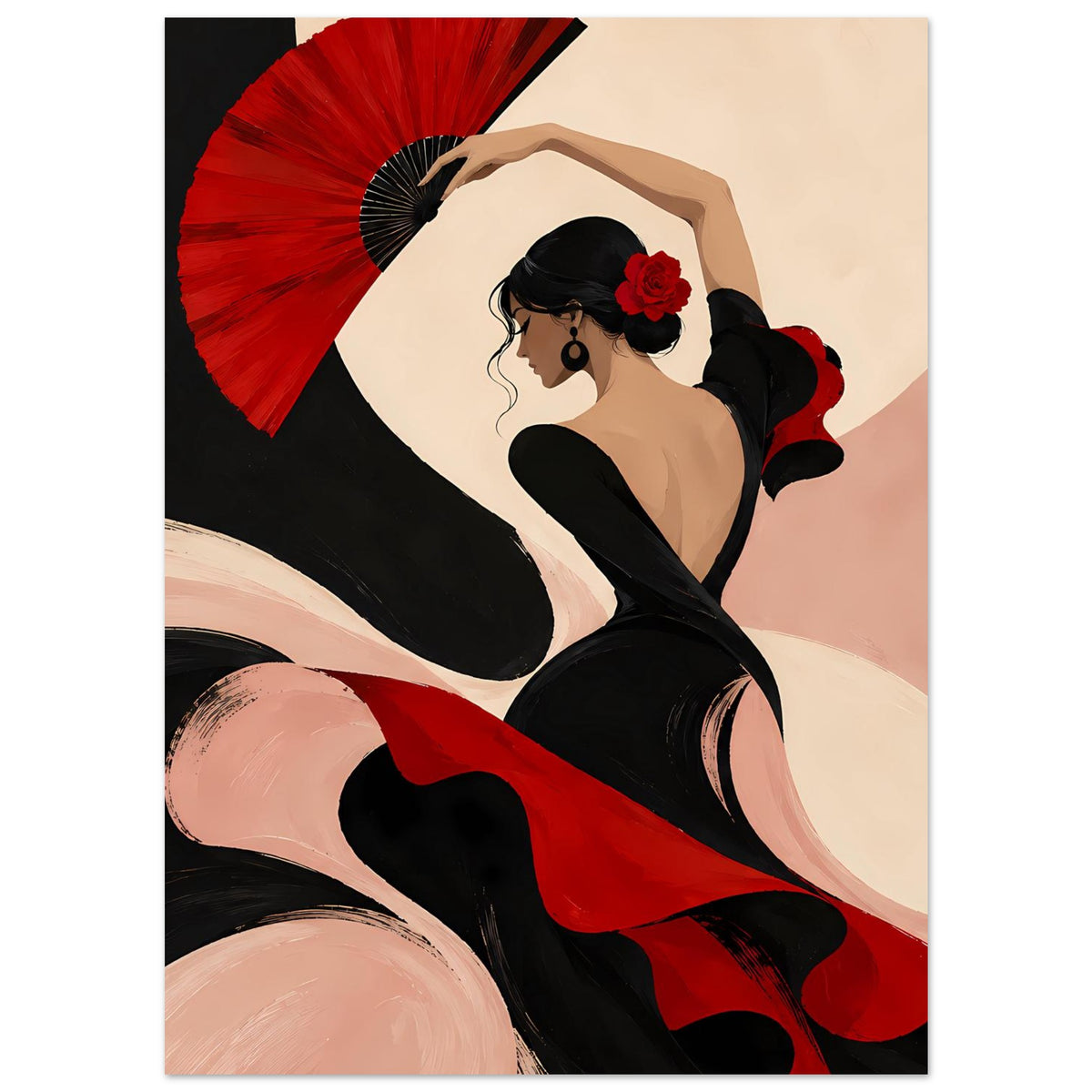 Poster mit Flamenco-Tänzerin: schwarzes Outfit mit rotem Fächer und roten Stoffstreifen