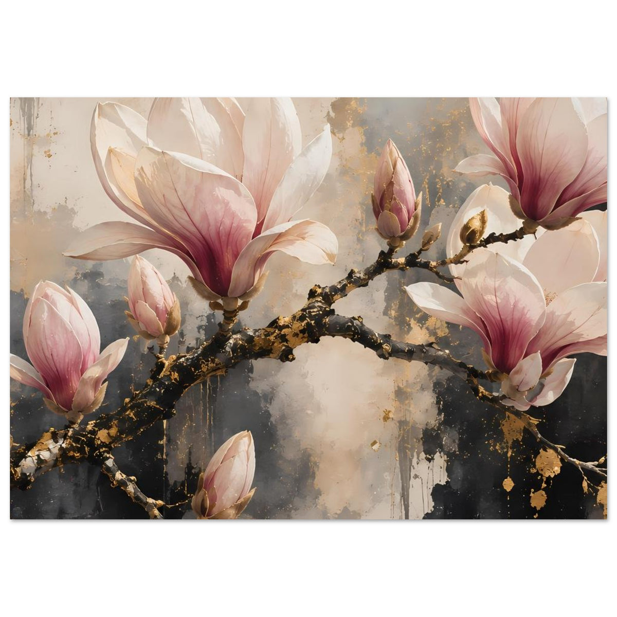 Poster mit Magnolienblüten und goldfarbenen Highlights am dunklen, verzweigten Ast