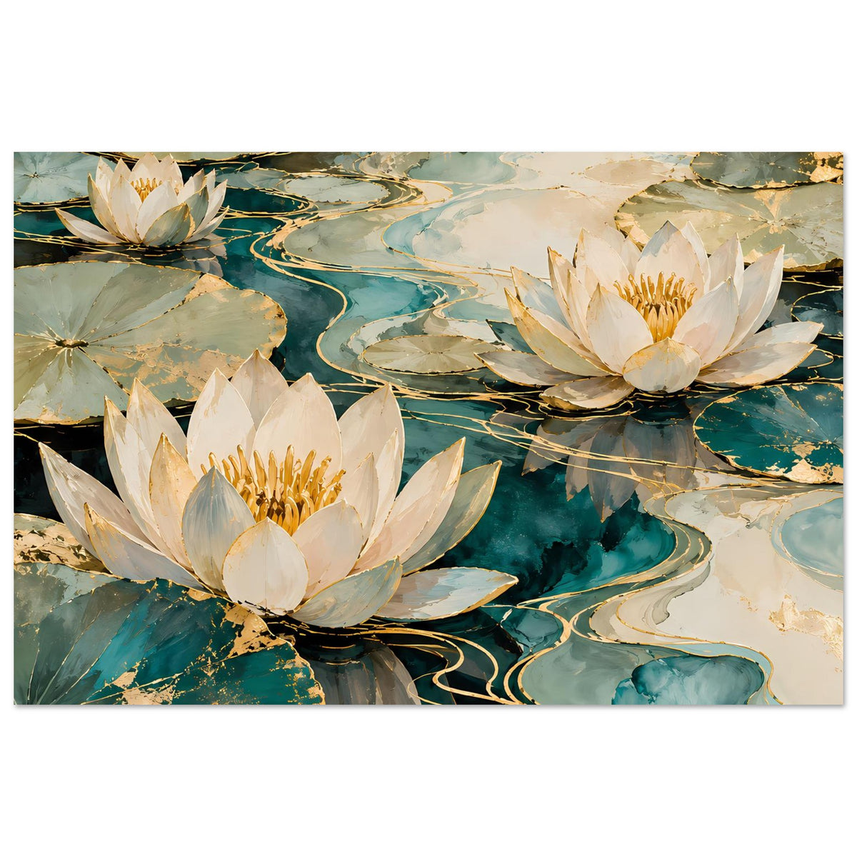 Lotus-Wandposter: drei weiße Seerosen, goldfarbene Highlights, türkis-blaue Wasserlinien