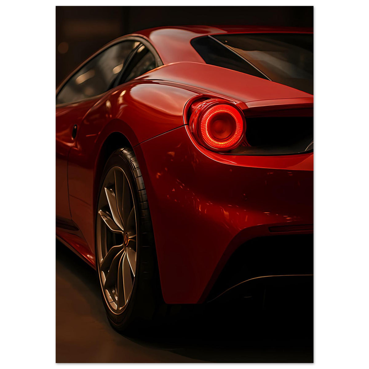 Automobilposter: roter Sportwagen—Rückleuchte, Motorhaube und Türfensterbereich