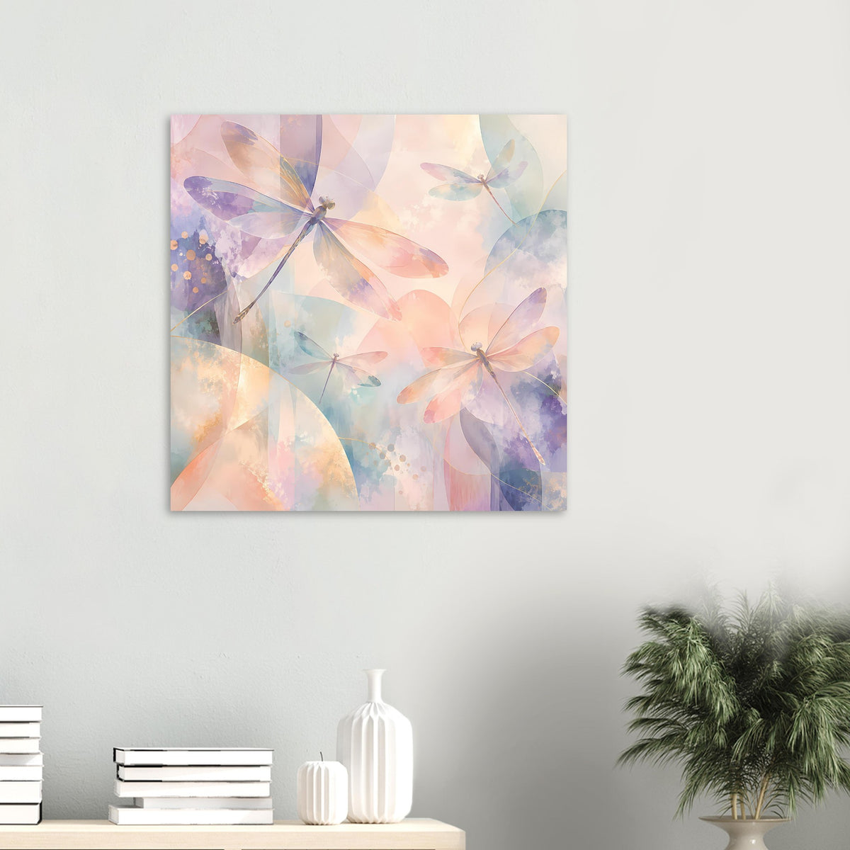 Quadratisches Pastellposter: Libellen in Pfirsich, Lavendel und Hellblau, mit hellem Rahmen