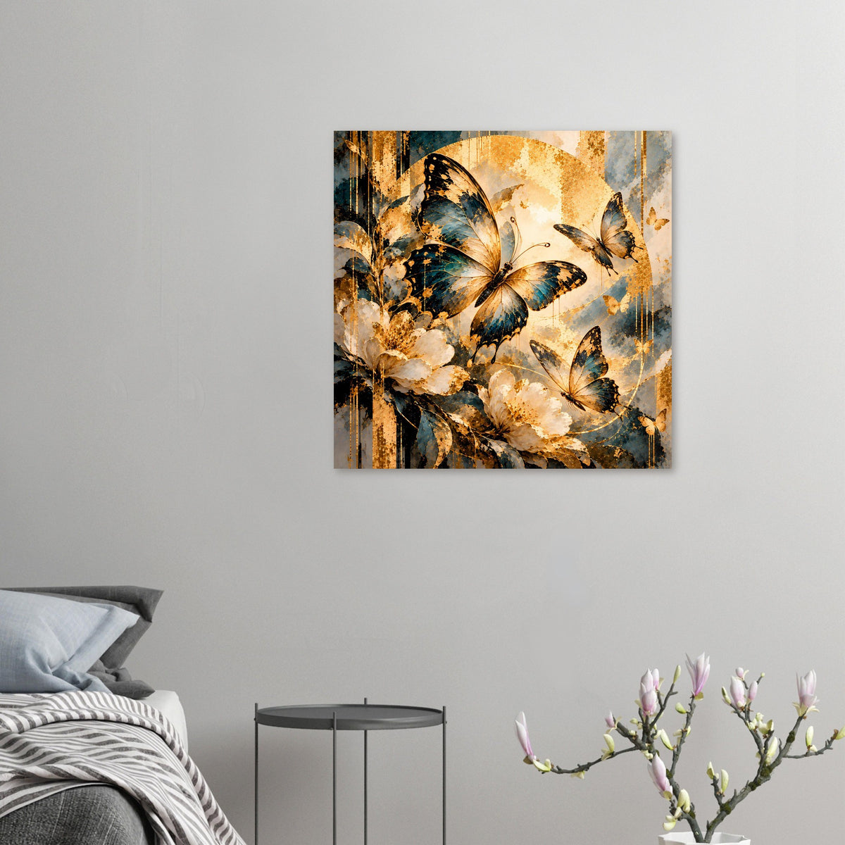 Schmetterlings-Poster mit gold-blauem Schmetterlingsmotiv, mehrfarbig, vertikal