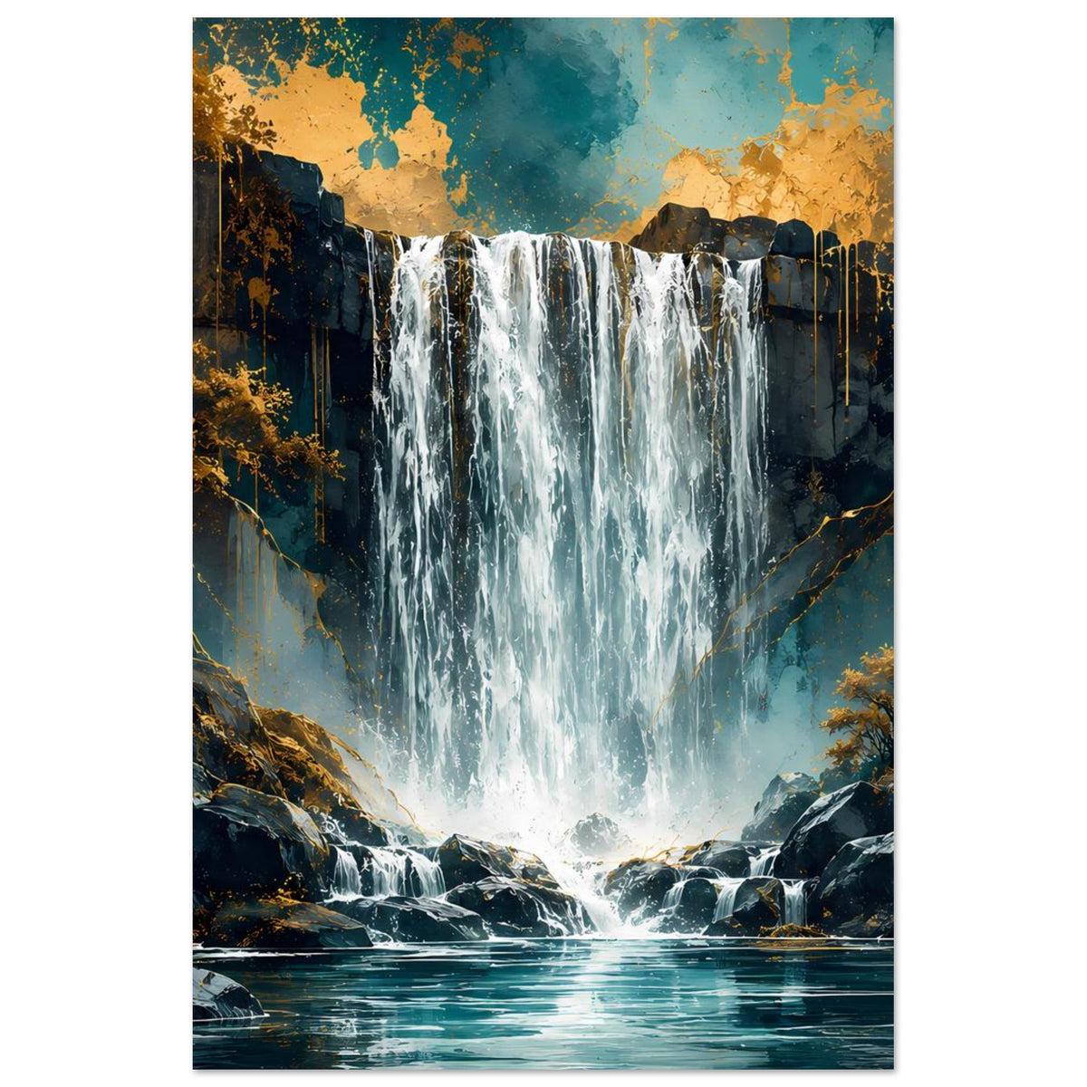 Poster mit Wasserfall in Felslandschaft, türkisweißes Wasser, goldene Akzente