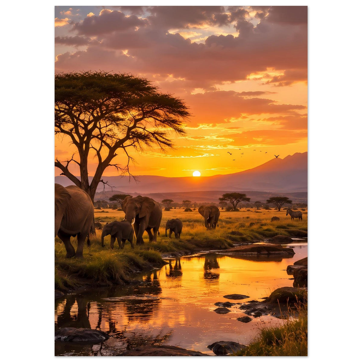 Elefanten-Savannenposter: Elefantenherde am Fluss im Sonnenuntergang, mit Akazienbaum.