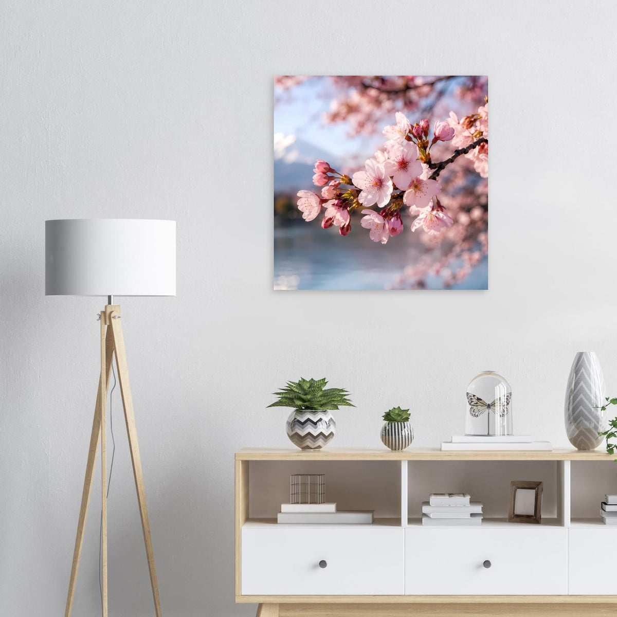 Quadratisches Poster mit rosa Kirschblüten an blühendem Ast