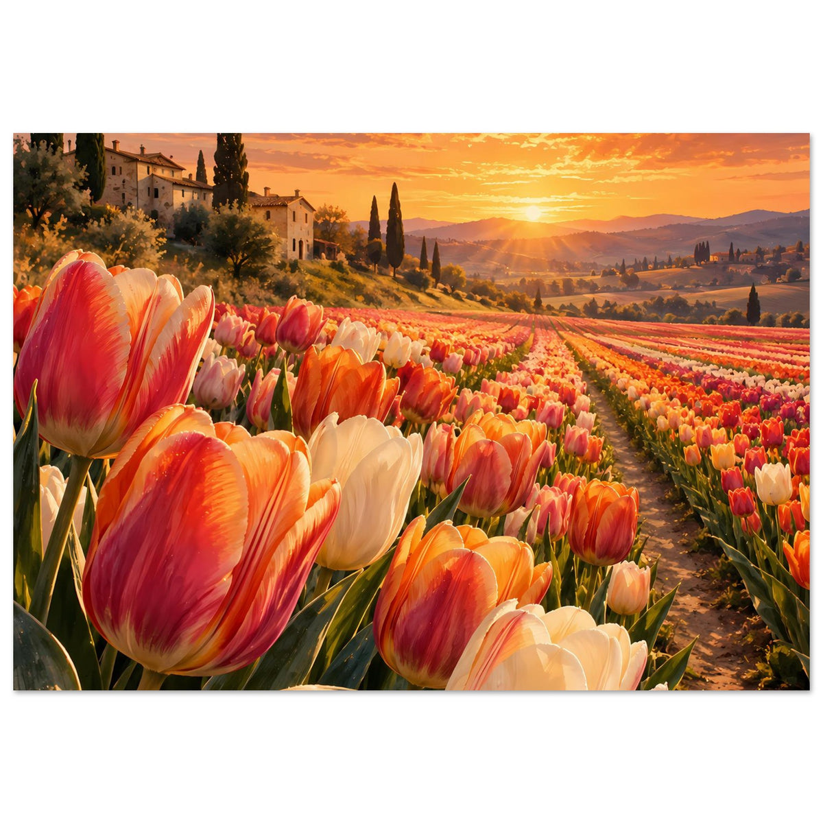 Poster: Tulpenallee im Sonnenuntergang, Vordergrund große bunte Tulpen, Querformat