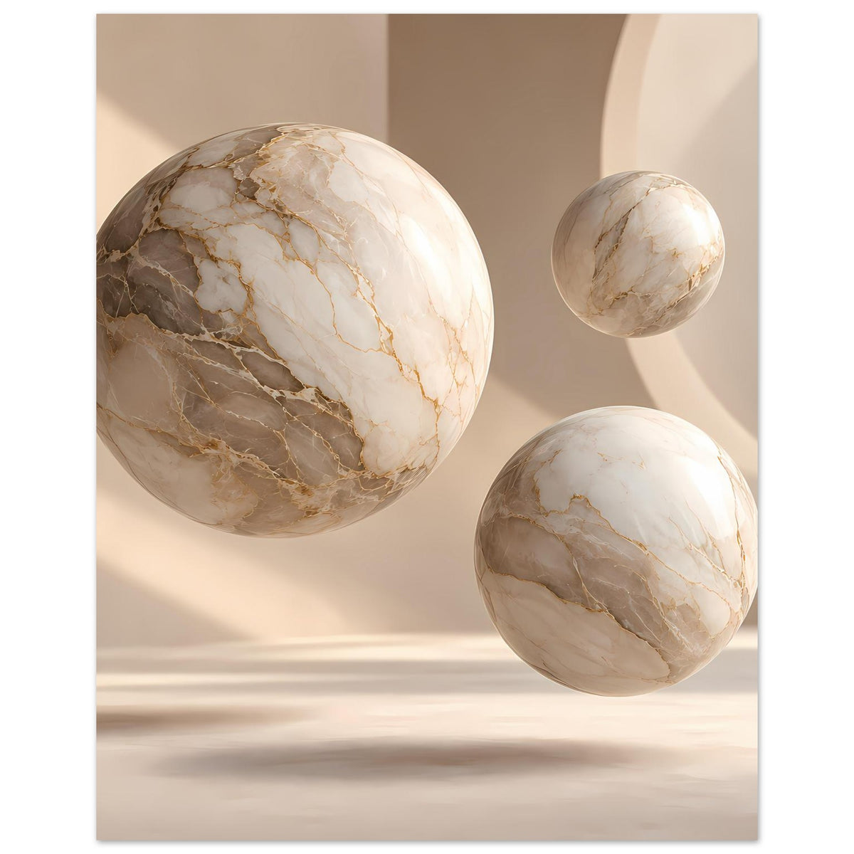 Poster mit drei Marmorkugeln im Abstract-Look: große links, kleine rechts, goldene Linien