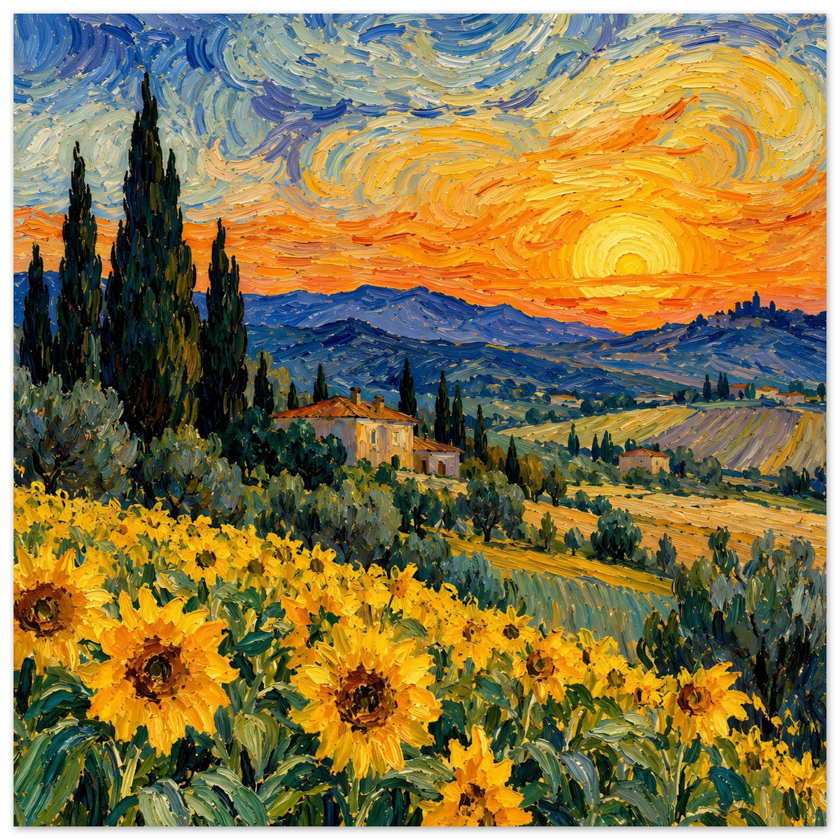 Kunstposter: Sonnenblumenfeld, Zypressen links und Sonnenuntergang über Landschaft