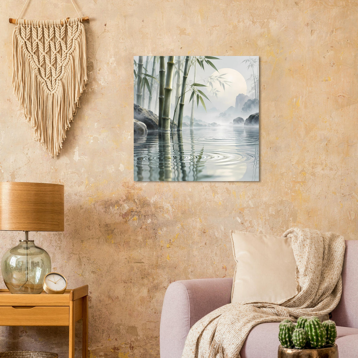 Poster mit grünen Bambusstangen im Wasser, klare Spiegelungen und Nebelschleier