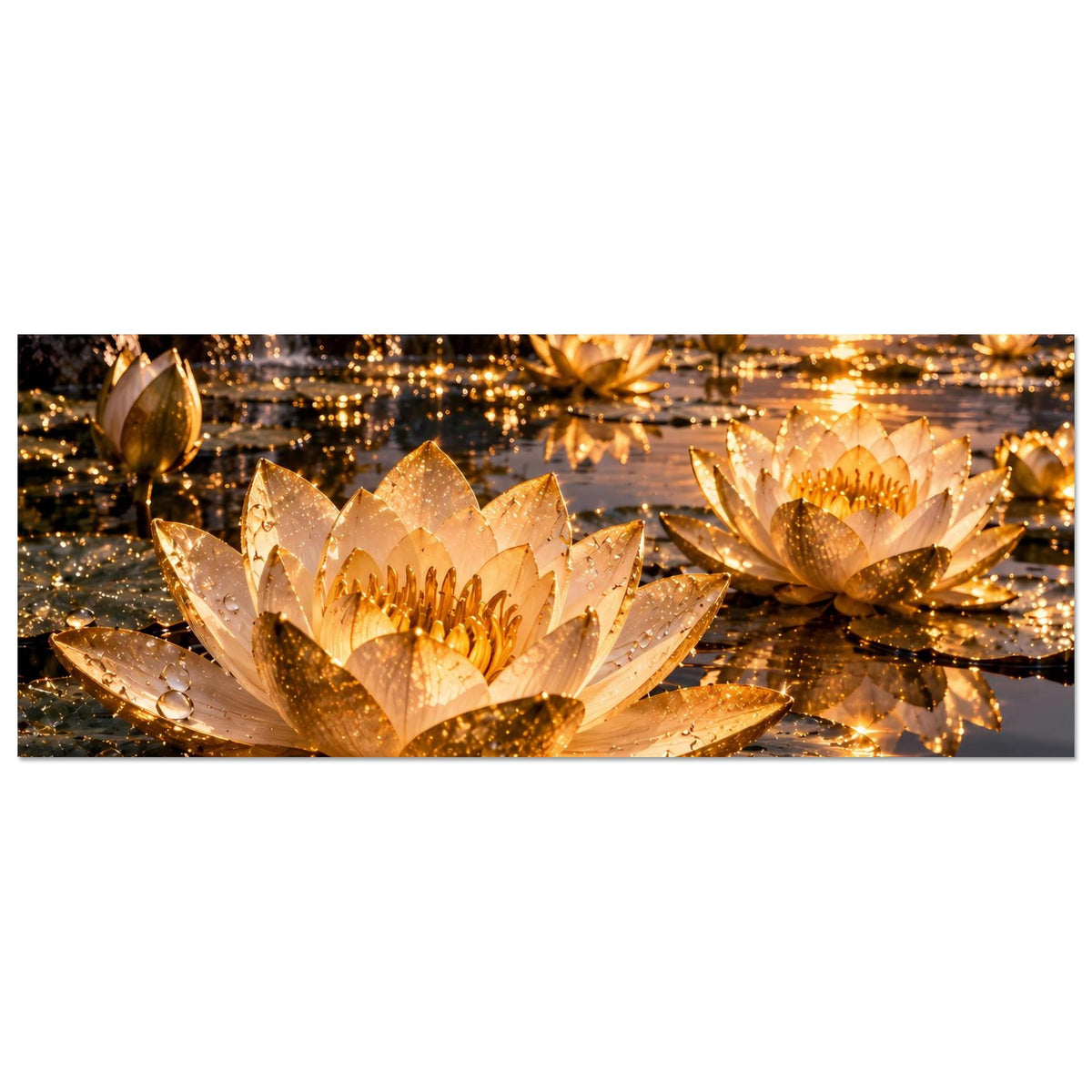 Horizontales Lotus-Poster mit goldenen Blüten und funkelnden Lichteffekten
