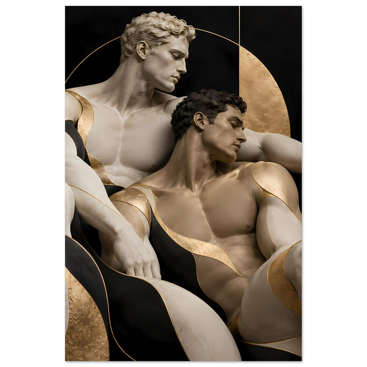 Skulpturales Poster: weibliche und männliche Figur in Schwarz-Gold