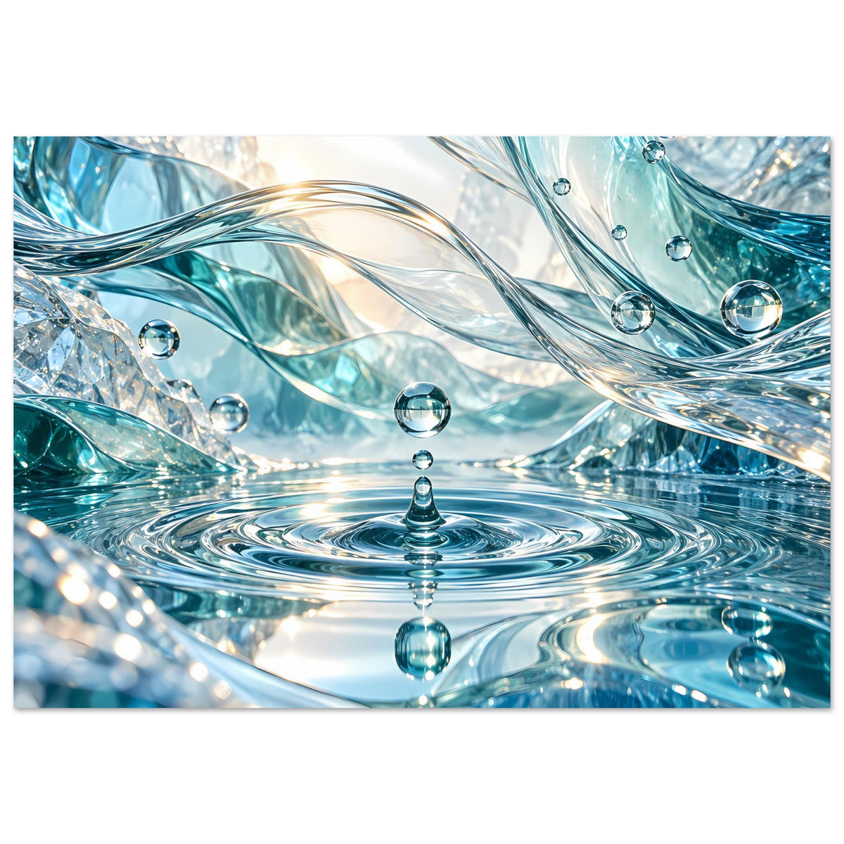 Wasserwelt-Poster im Querformat: türkis-blaue Wellen, Glaskugeln und Tropfenfontäne