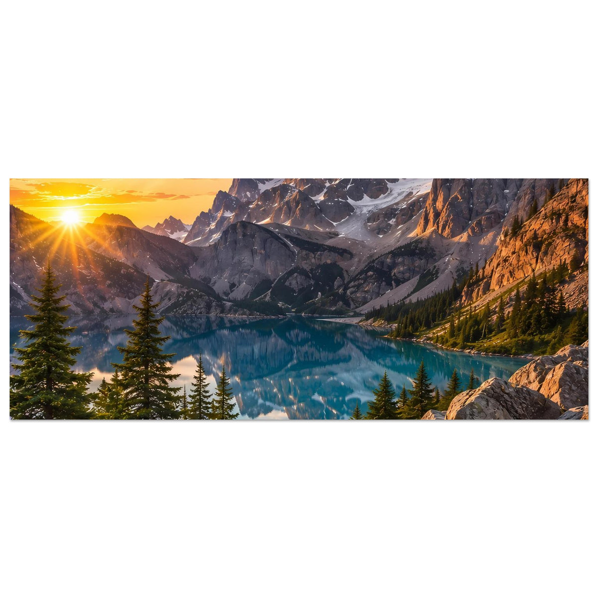 Horizontales Poster mit Sonnenaufgang über Bergsee, Lichtreflexen, Nadelbäumen und Felsen