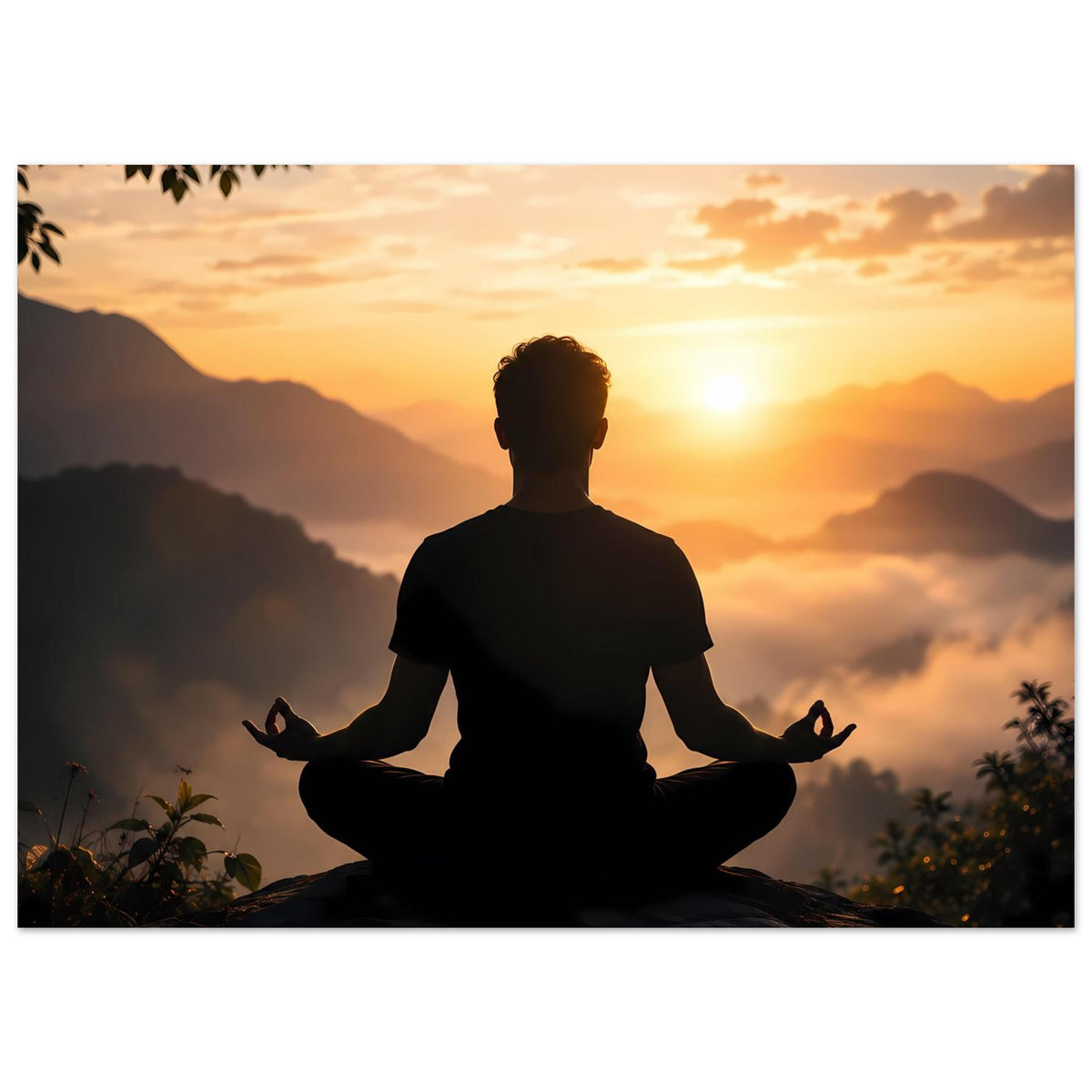 Poster mit Meditationssilhouette auf dem Gipfel, warmes Sonnenlicht, Berg- und Wolkenberge