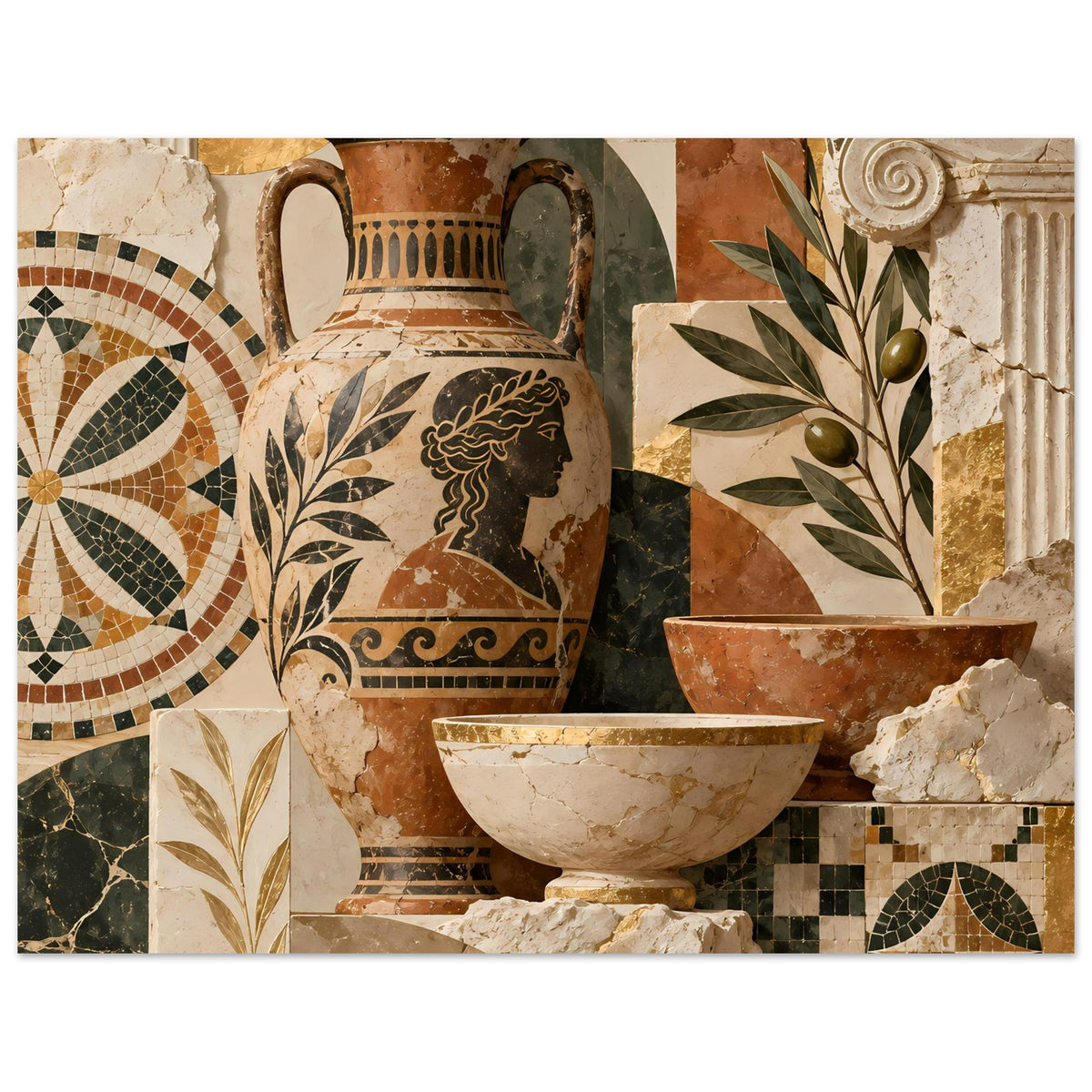 Mediterranes Mosaik-Poster: Amphore, Schale und Olivenranke rechts im warmen Steinlook