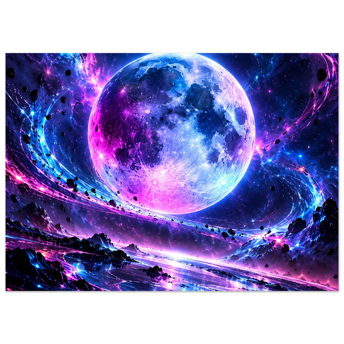 Horizontales Poster mit leuchtender Planetkugel in Blau/Violett und Sternenlandschaft