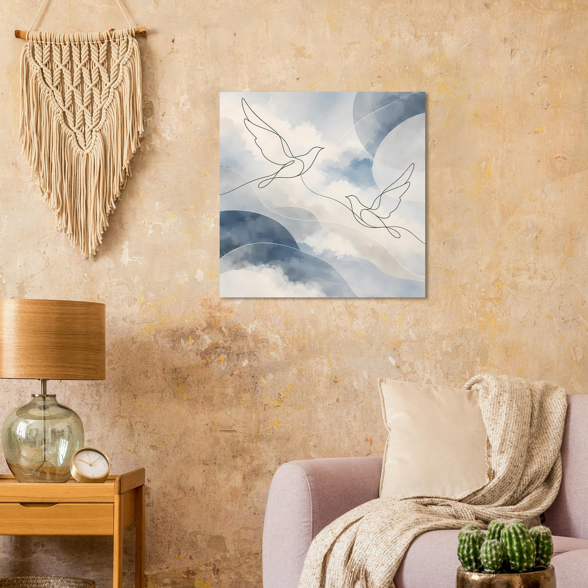Quadratischer Kunstdruck: Friedenstauben-Linien über hellen Wolken und blauen Kreisen