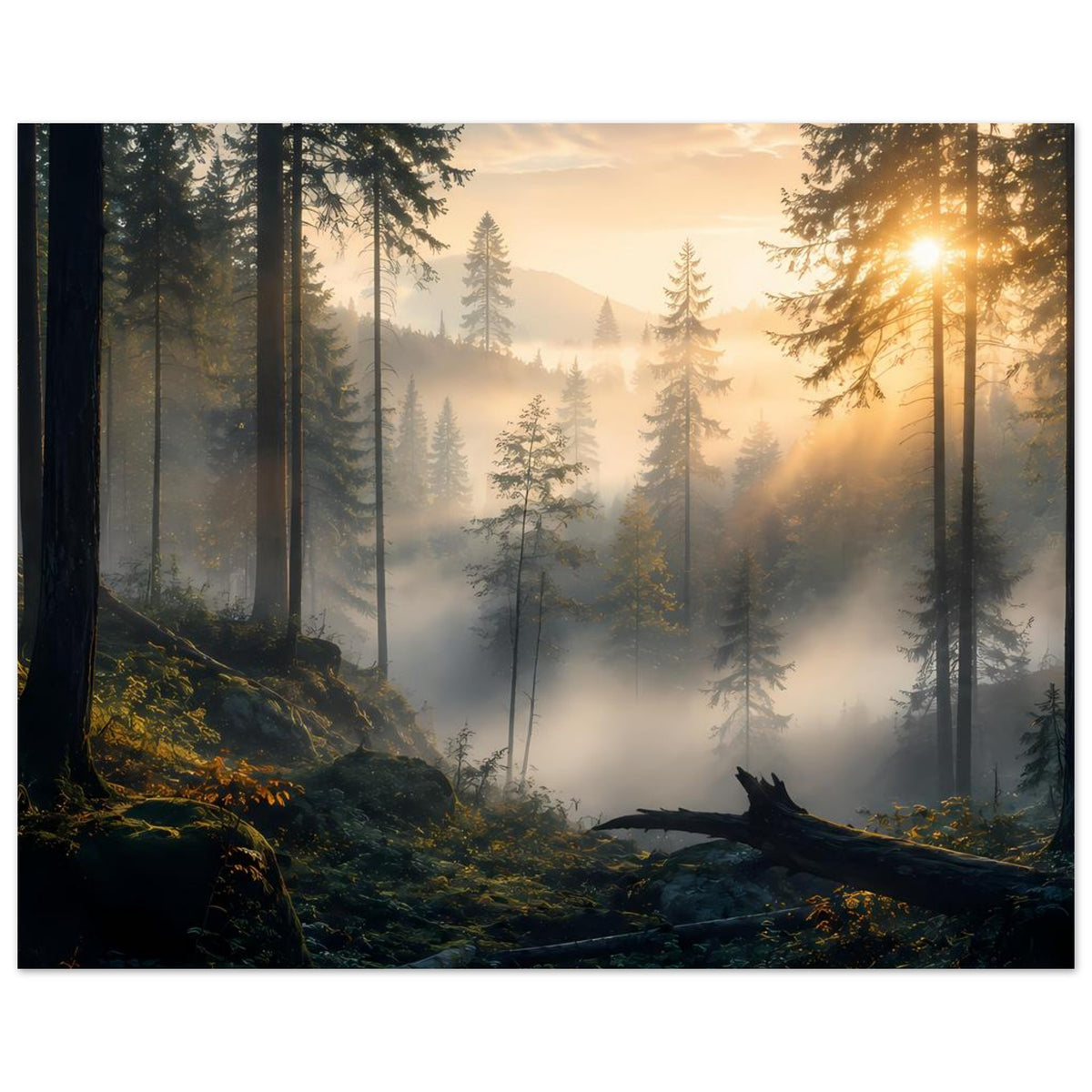 Wandposter Waldlandschaft mit heller Sonne rechts, Tannen, tiefer Nebel