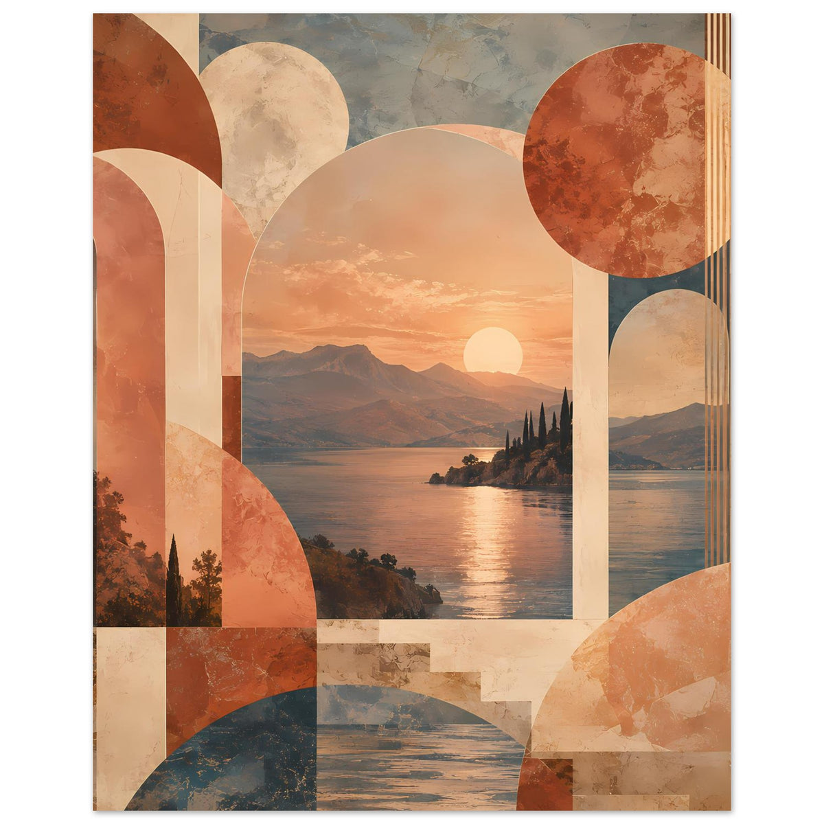 Abstraktes Poster mit Sonnenuntergang über See, Bögen und Kreisen in warmen Erdtönen