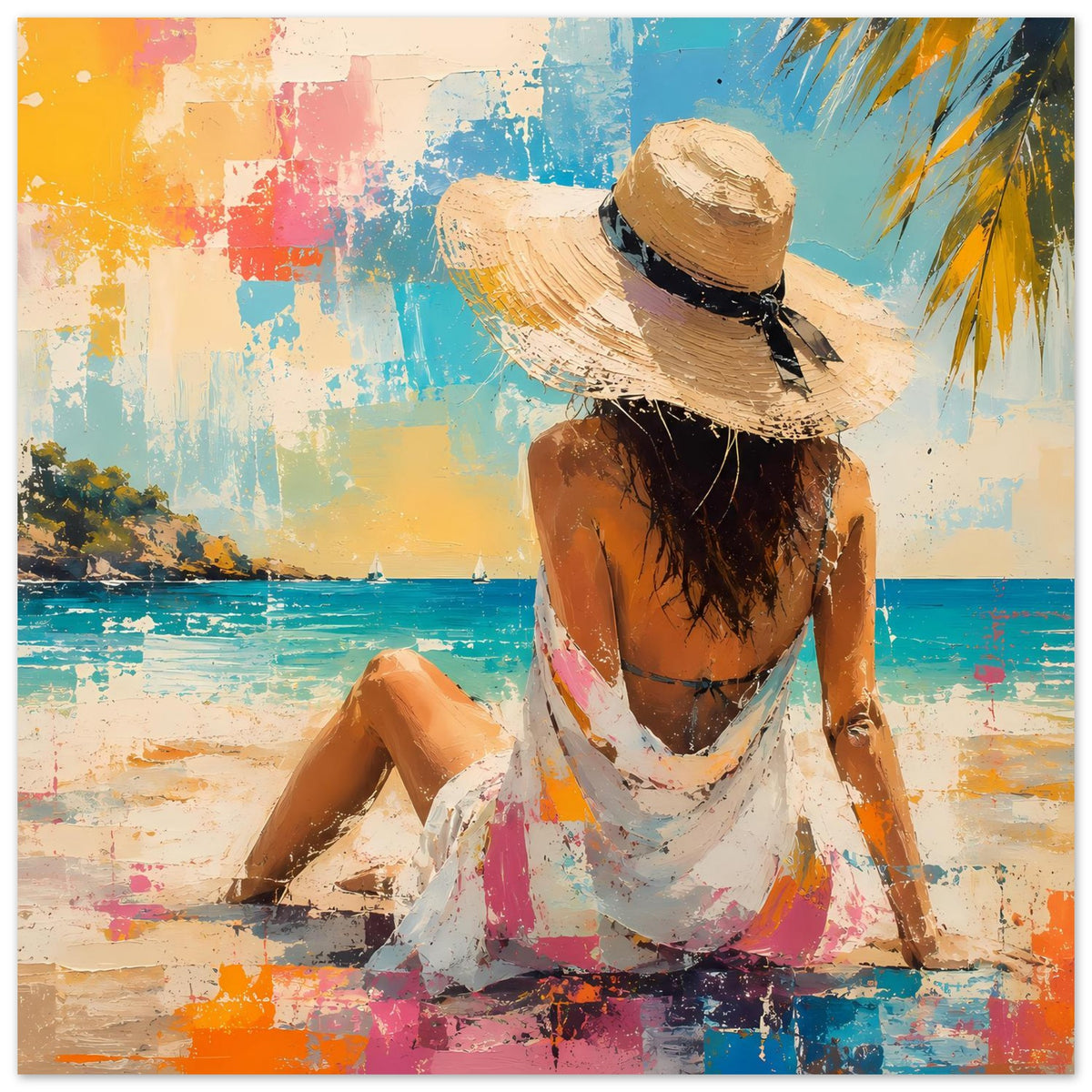 Sommerposter mit Frau im Strohhut, am Strand sitzend, weißes Kleid mit bunten Farbstreifen