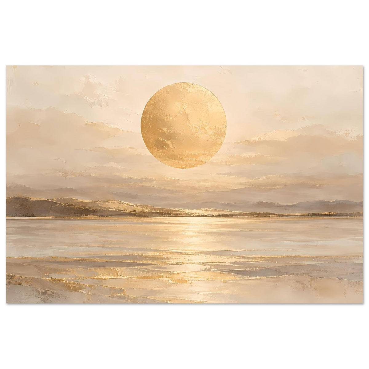 Breitformatiges Kunstposter mit beiger Farbpalette, goldener Kreisform, See und Himmel