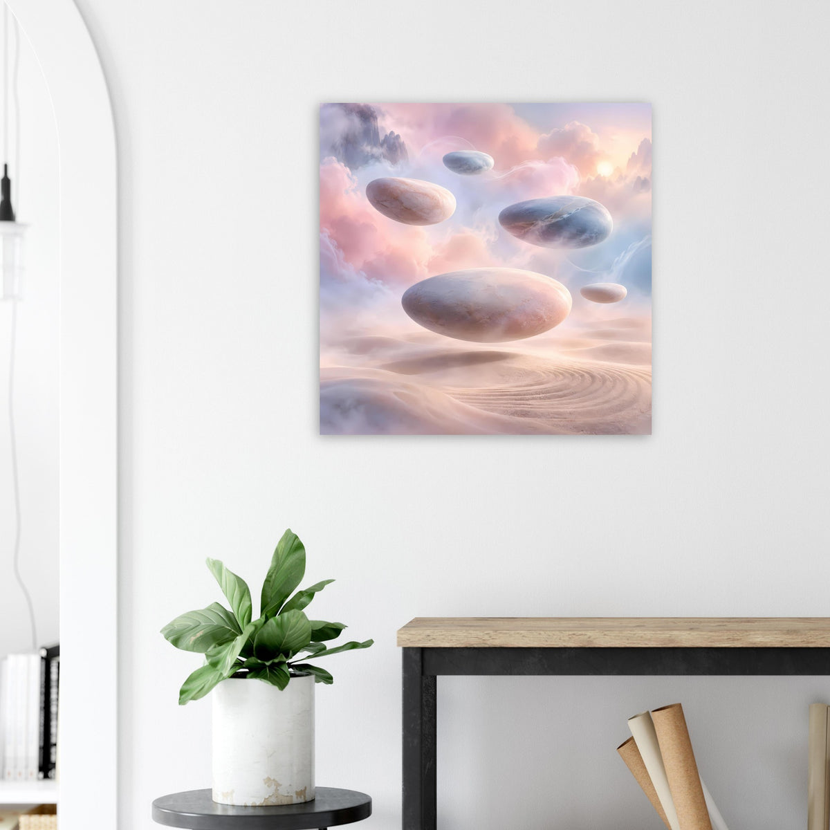 Quadratisches Poster mit schwebenden Felsen über rosa Dünen