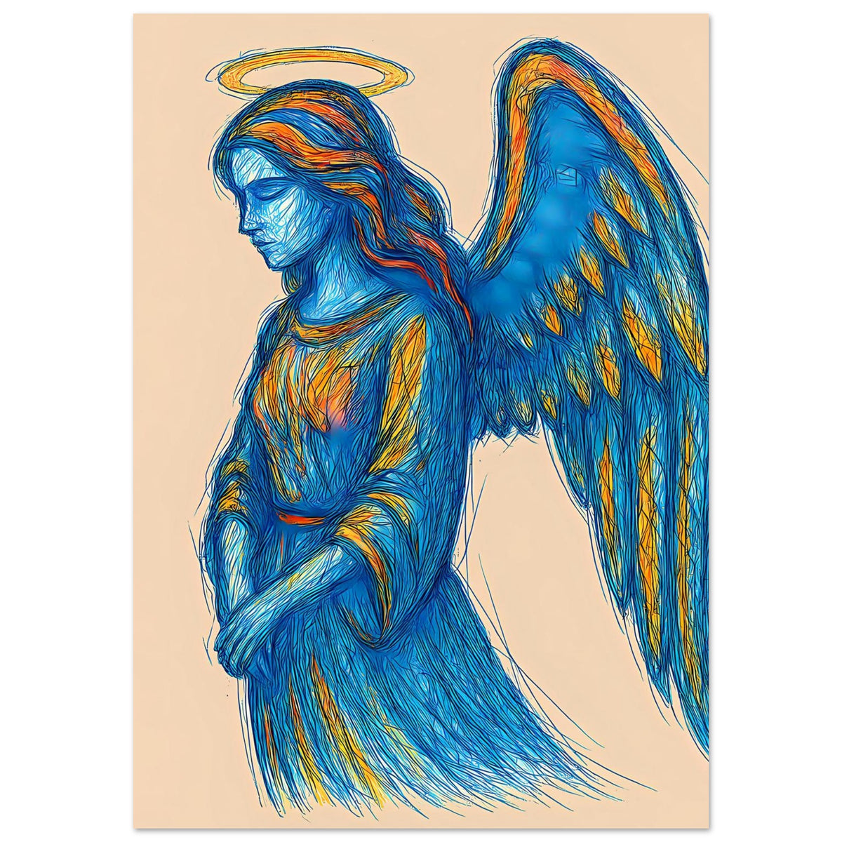 Engelsmotiv-Poster: blauer geflügelter Engel mit goldenem Heiligenschein, stehende Gesamtansicht