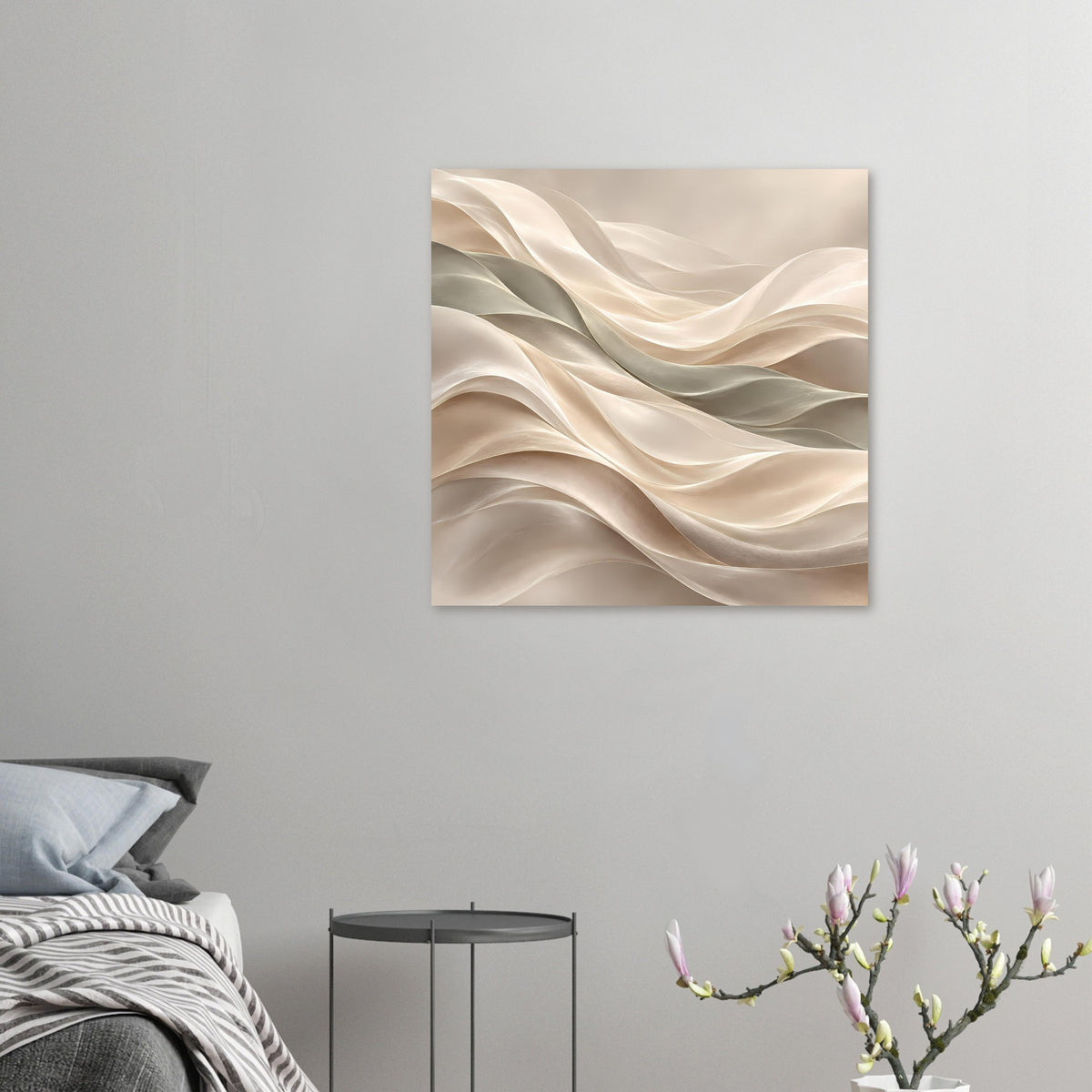 Kleines Quadrat-Poster mit abstrakten Wellenbändern in Creme- und Grautönen