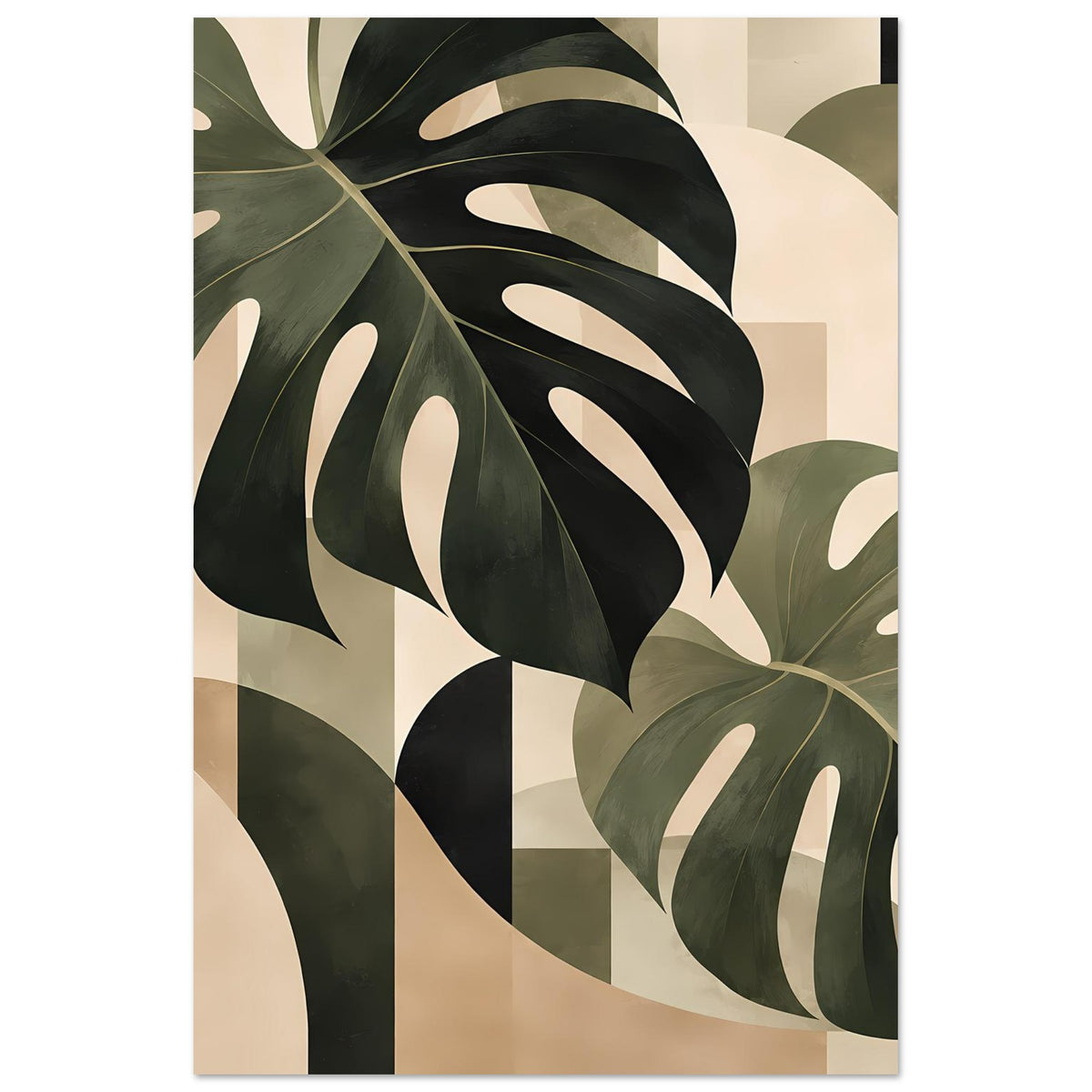 Abstraktes Monstera-Blätter-Poster, hochformatig, Salbeigrün und Dunkelgrün mit Beige