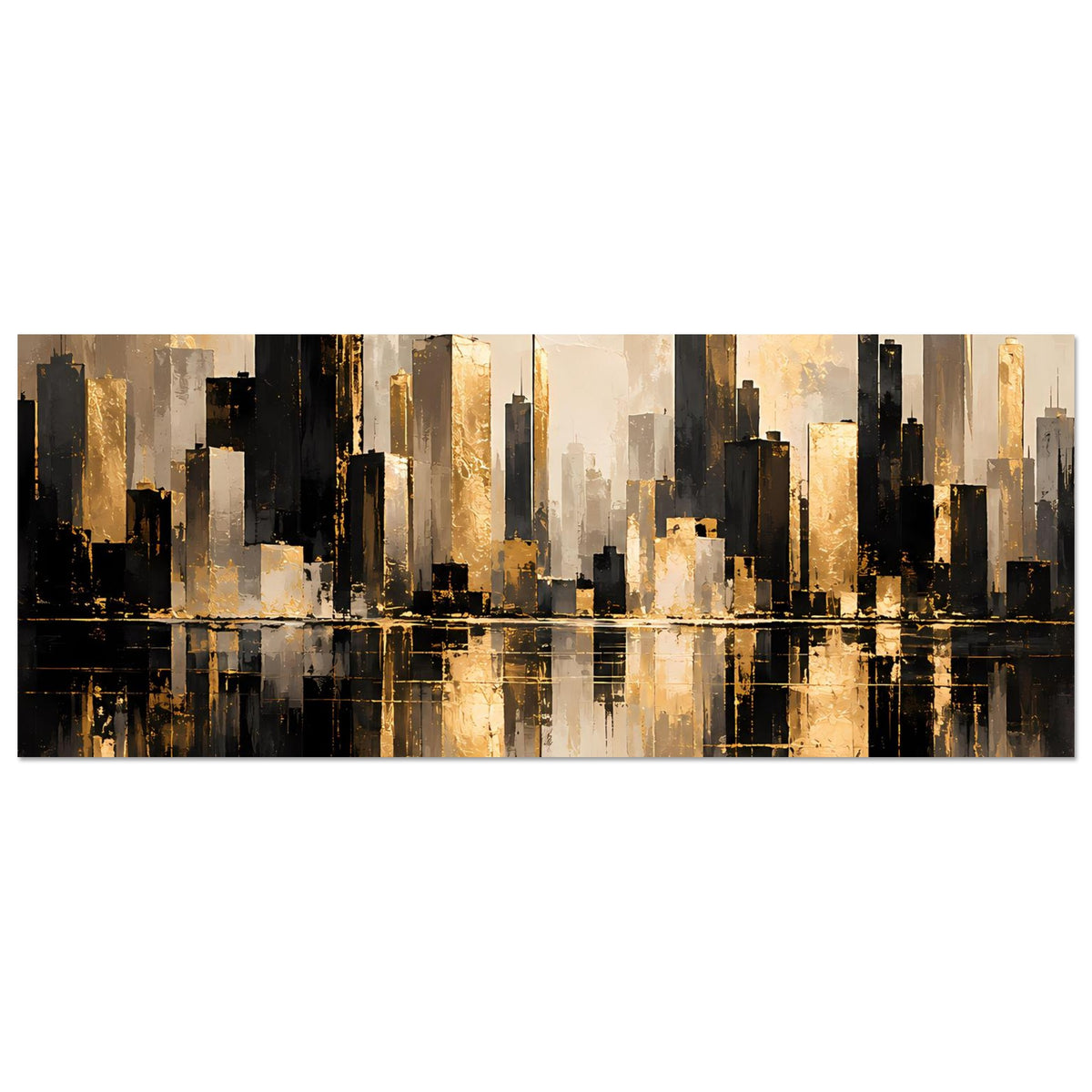 Horizontales Stadtlandschafts-Poster mit Skyline in Schwarz und Gold, mit Reflexion im Wasser