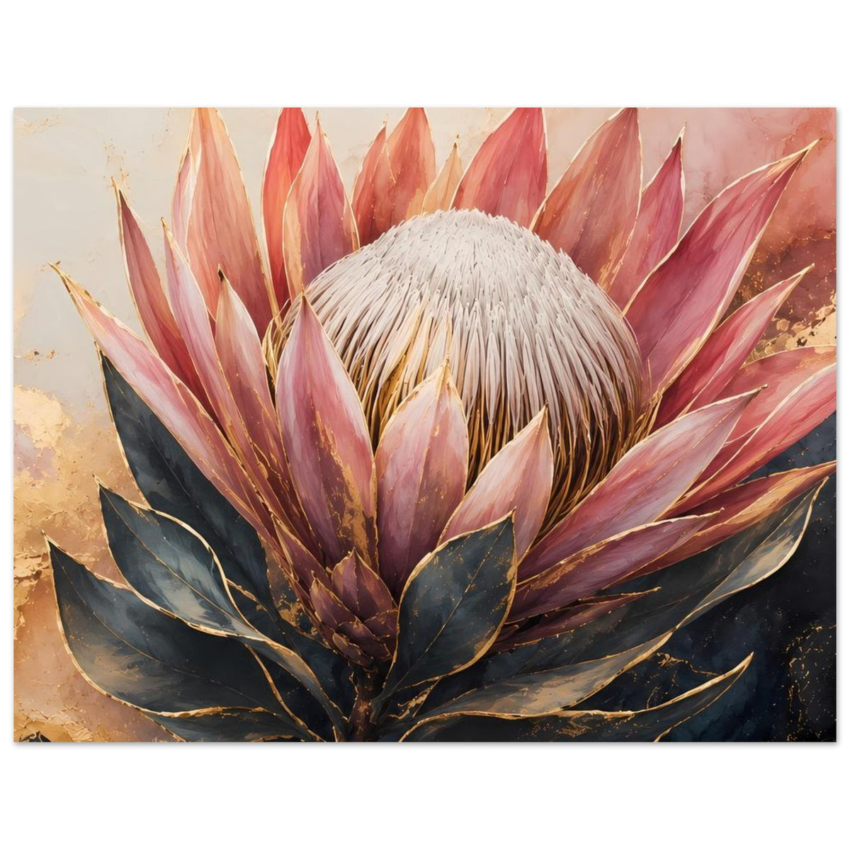 Botanisches Poster mit Königsprotea: altrosa Blütenblätter, goldene Ränder, dunkle Blätter