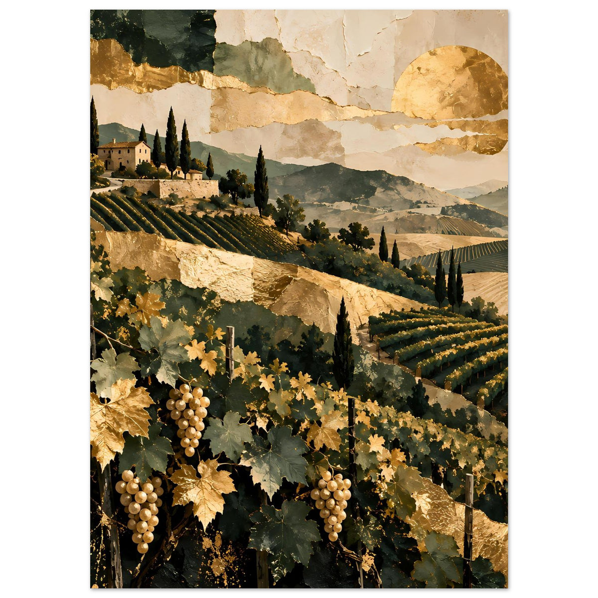 Landschaftsposter mit Weinreben, goldenen Blättern und Trauben im Vordergrund