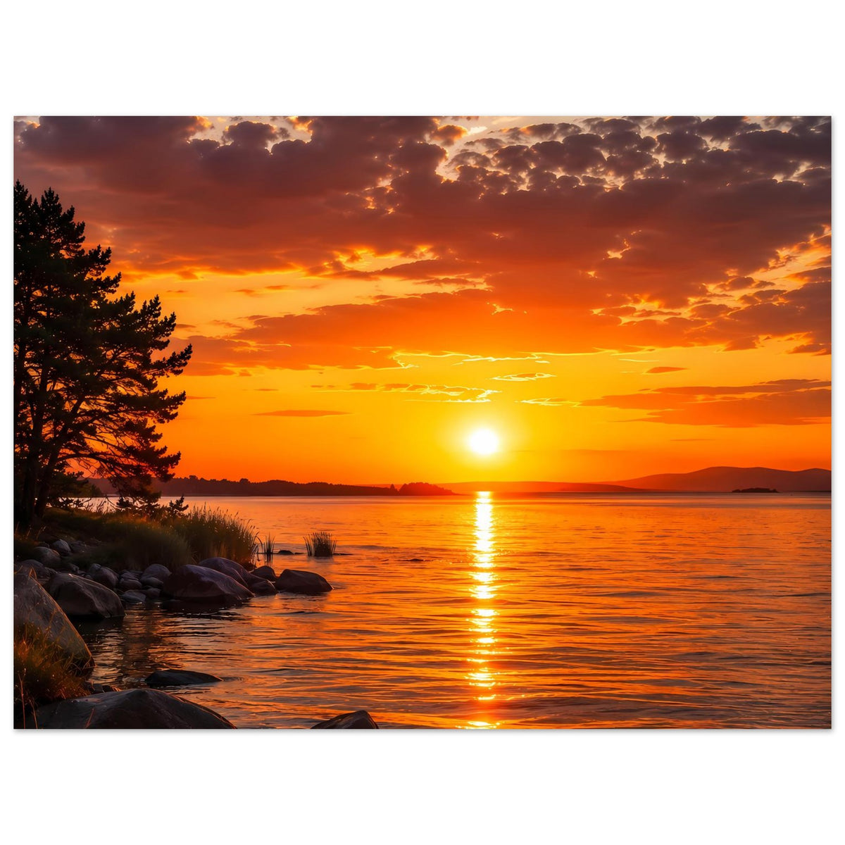 Sunset-Landschaftsposter mit Sonne über Wasser, reflektierender Lichtspur und Baum links