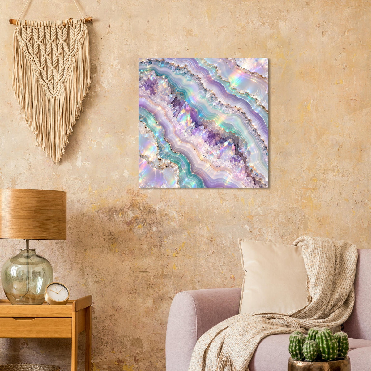 Holografisches Geode-Kristallposter, horizontal, schimmernde violette, blaue und türkisfarbene Bänder