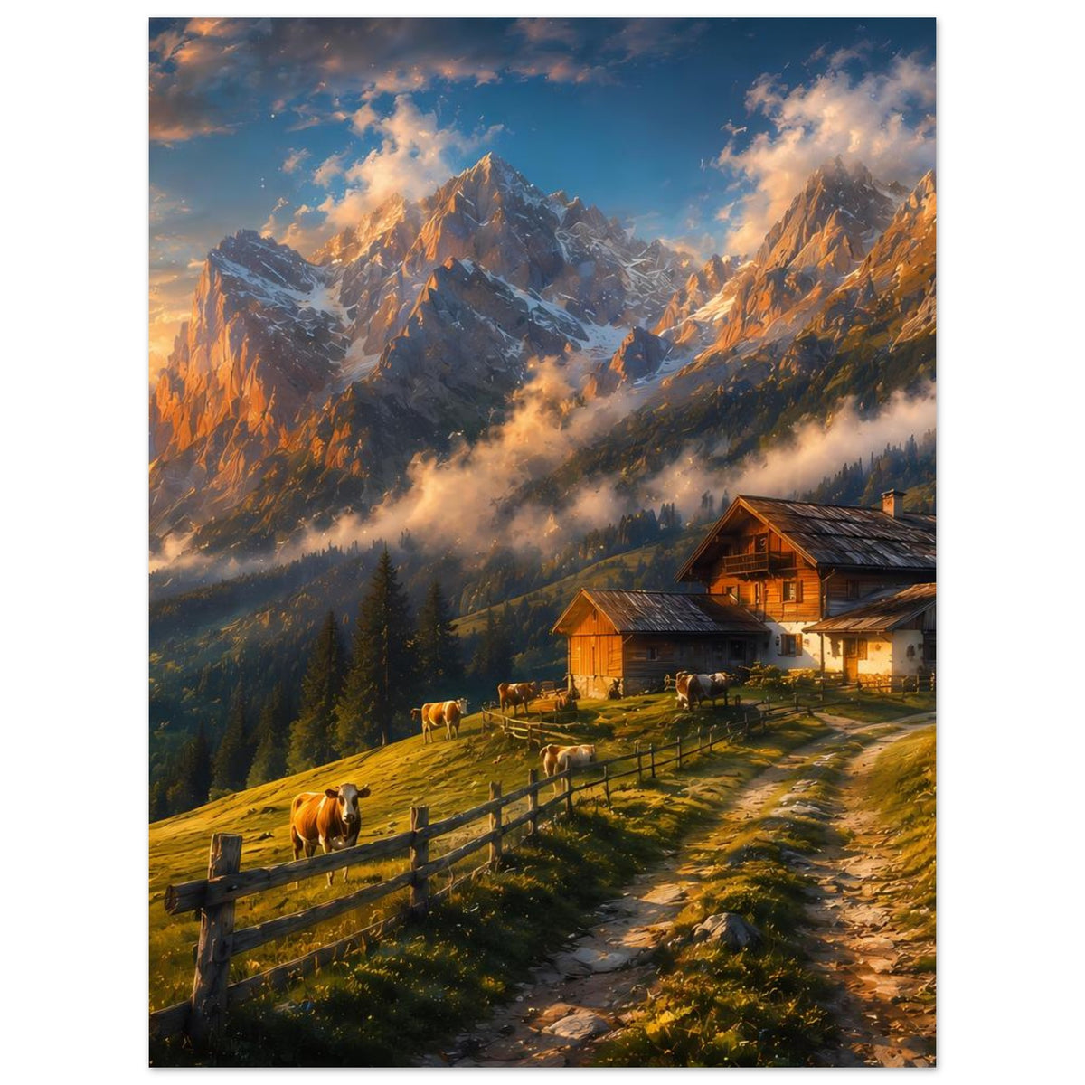 Poster: Almhütten rechts, Kühe im Vordergrund, tiefe Alpenmulde mit Felsgipfeln