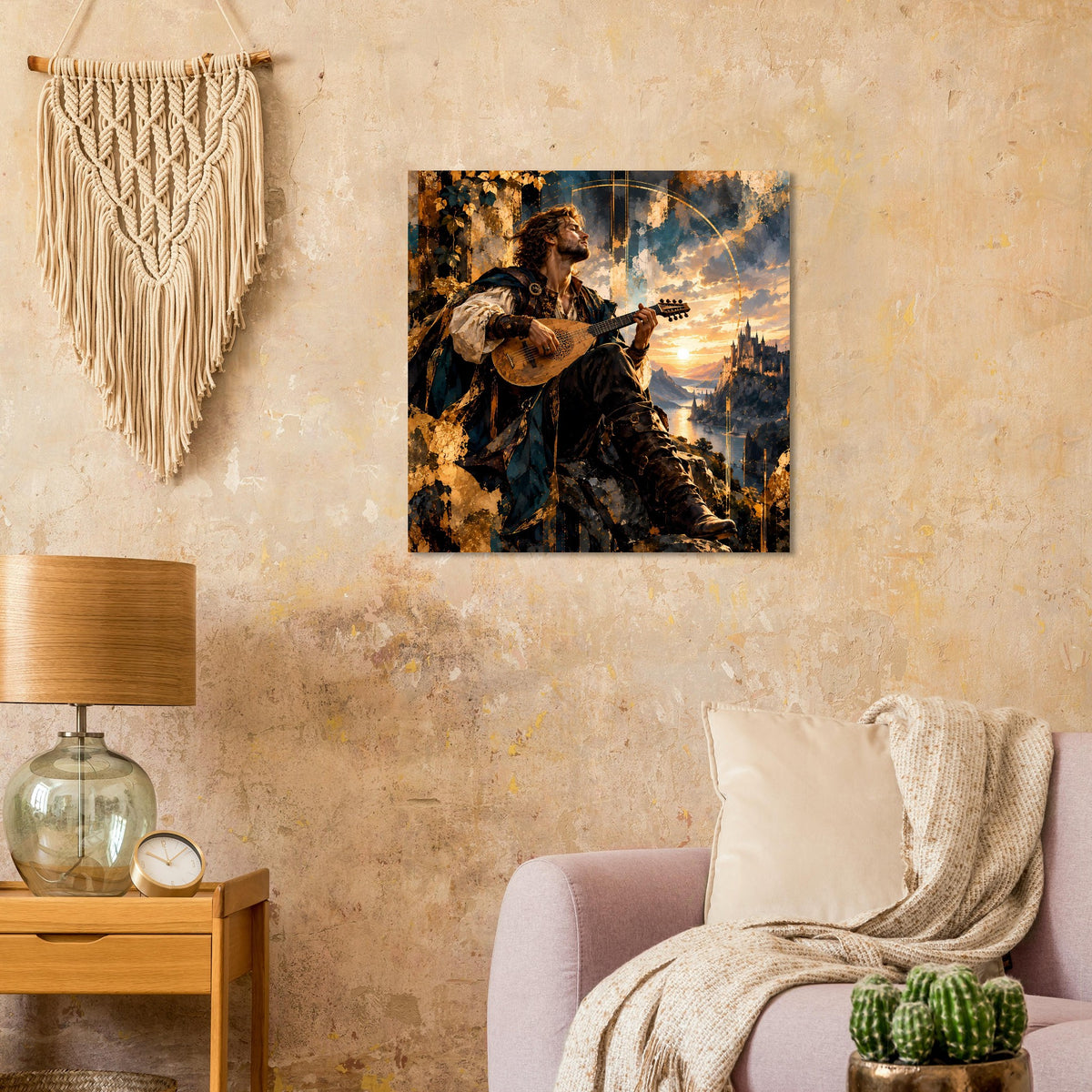 Quadratisches Poster mit Barden-Illustration und Gitarre, Abendsonne und Schloss