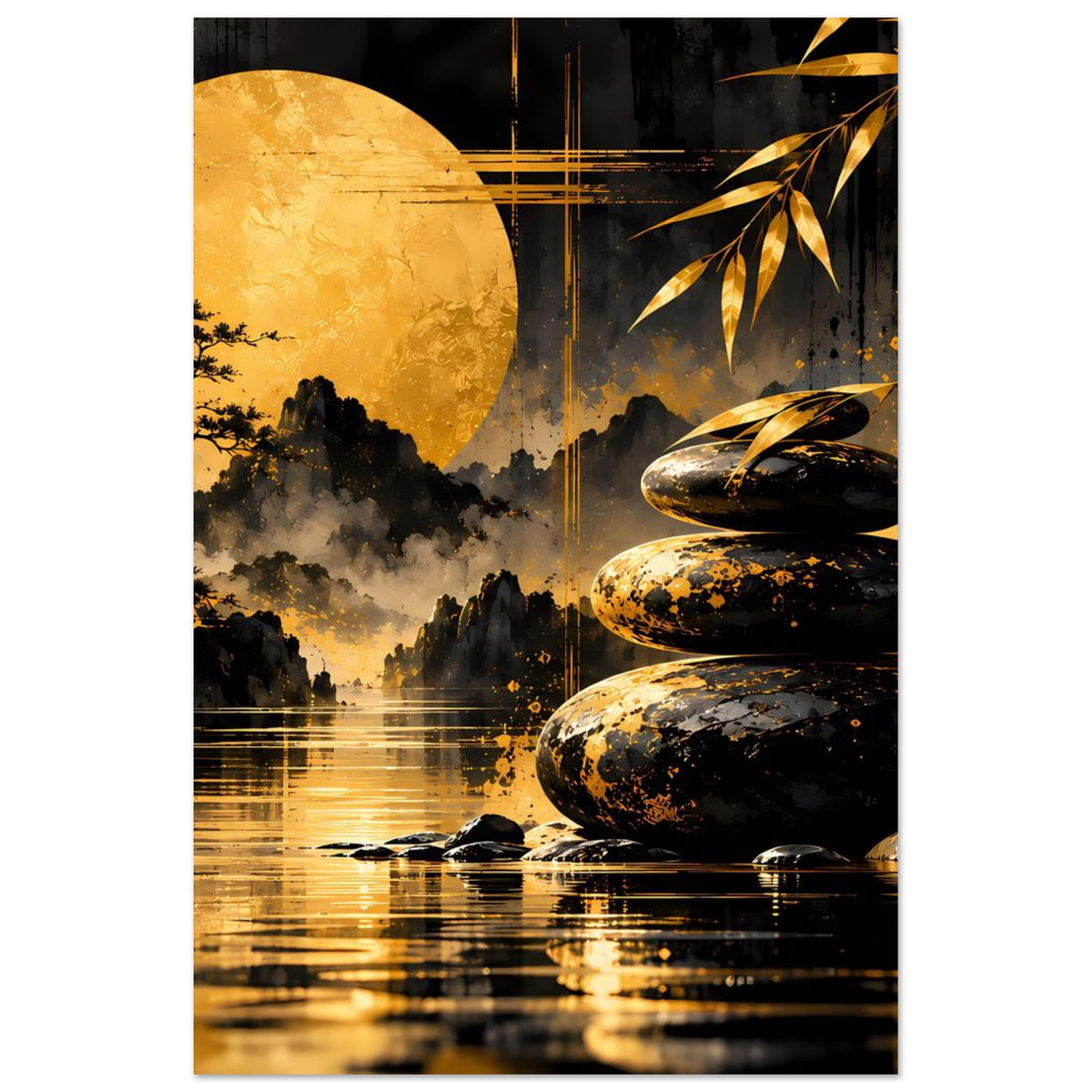 Vertikales Kunstposter mit goldenem Kreis, schwarzen Steinen, Bambusblättern und Wasser