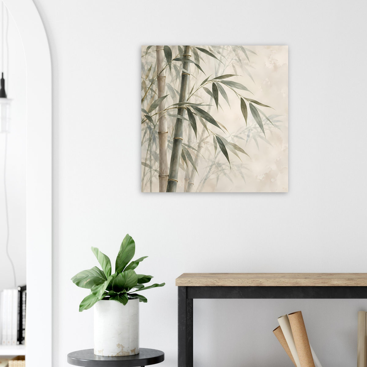 Wandposter mit Bambus und Blättern, hell beige Farbverlauf mit graugrünem Detail