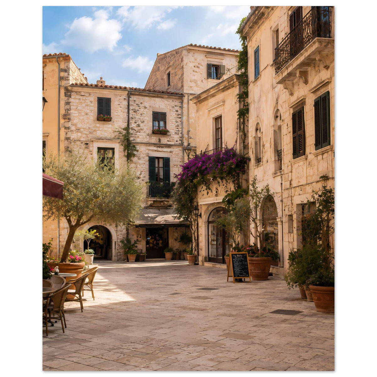 Mediterranes Poster: Innenhof zwischen Steinbauten mit Arkaden und Blumenkübeln