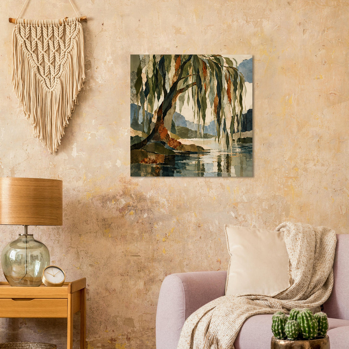 Wandposter mit Landschaftsbild von Bäumen am See, reflektierende Wasseroberfläche