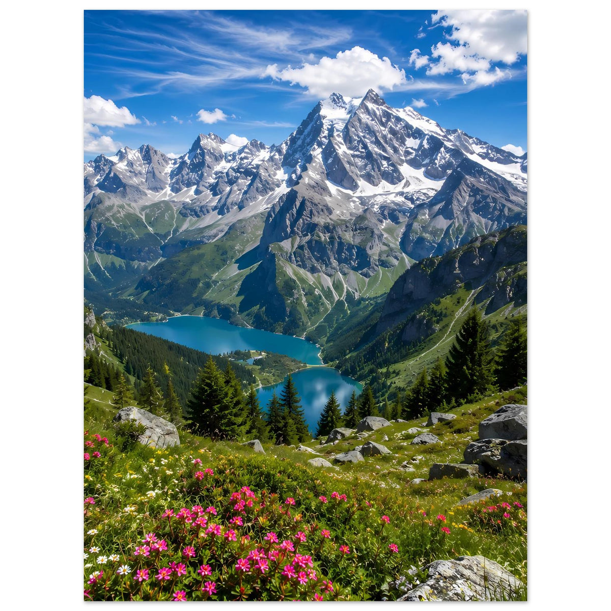 Alpenlandschaftsposter mit pinken Blumen im Vordergrund, Bergen und blauem See