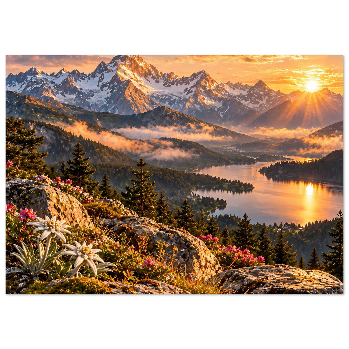 Landschaftsposter mit Bergpanorama bei Sonnenuntergang, ruhigem See und Blüten auf Fels