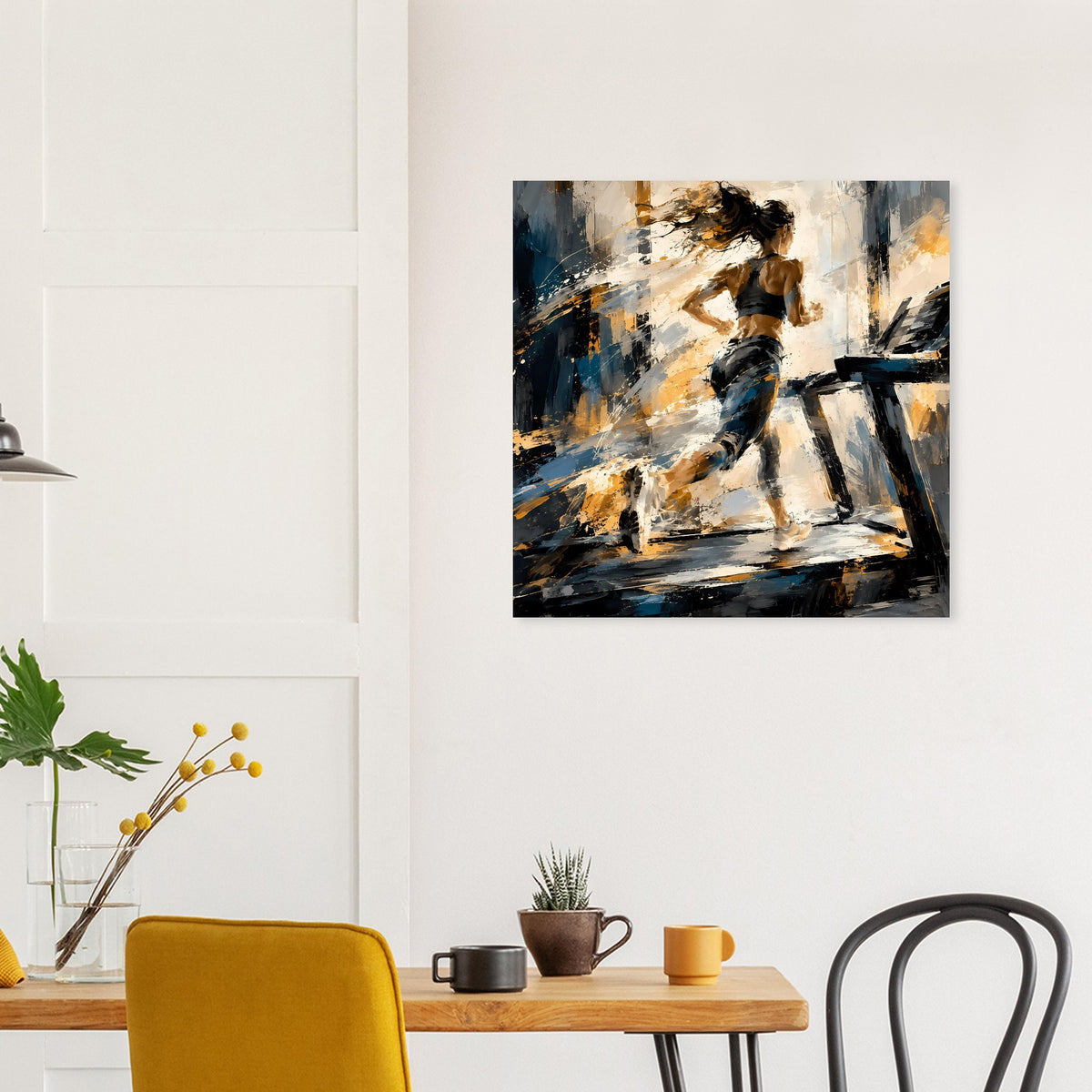 Quadratisches Kunstposter: abstrakte Läuferfigur in Blau, Beige und dunklem Schwarz